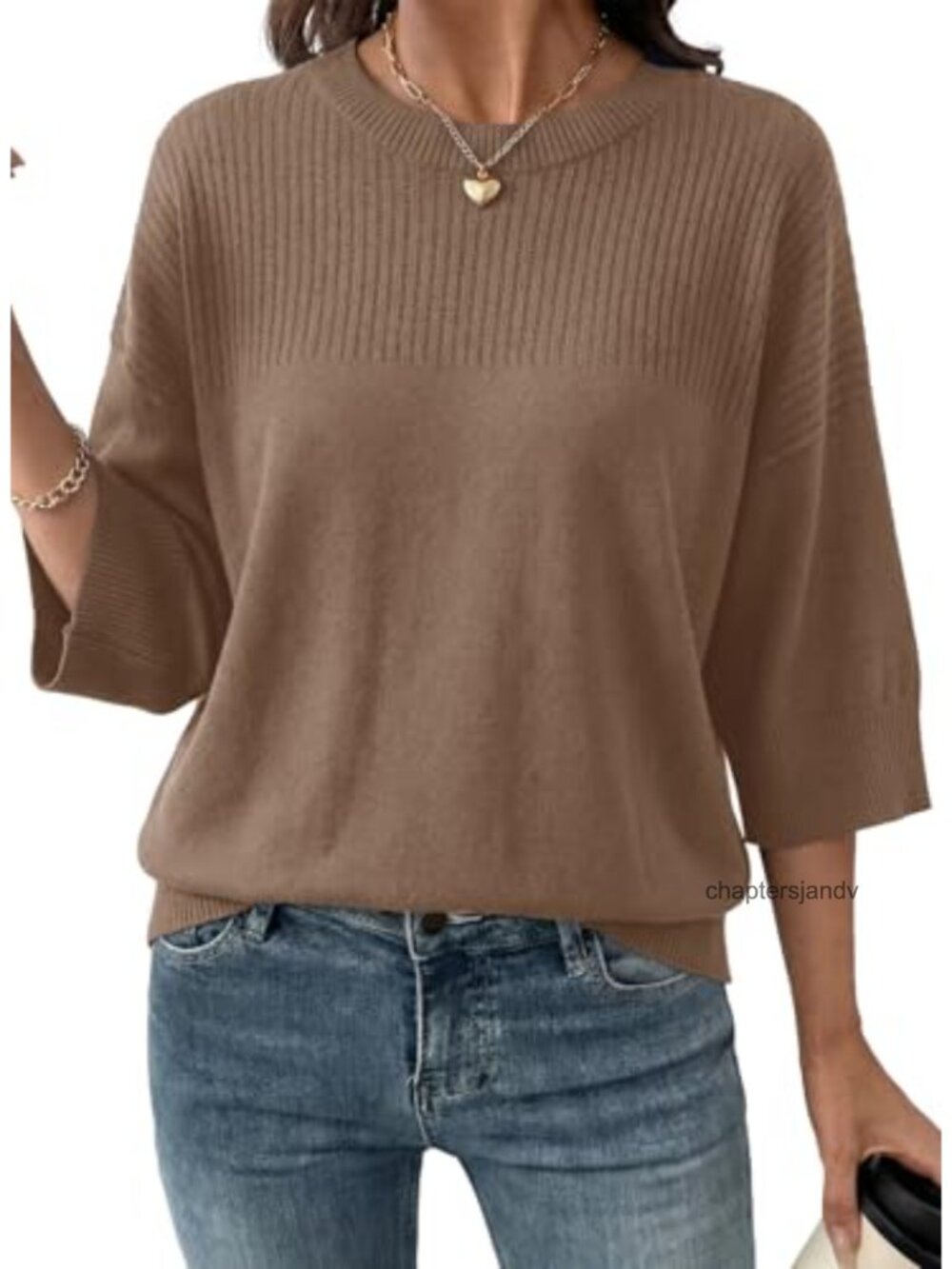 Dokotoo Womens 3/4 Sleeve Cropped Sweater Knit Pullover Crew Neck Top